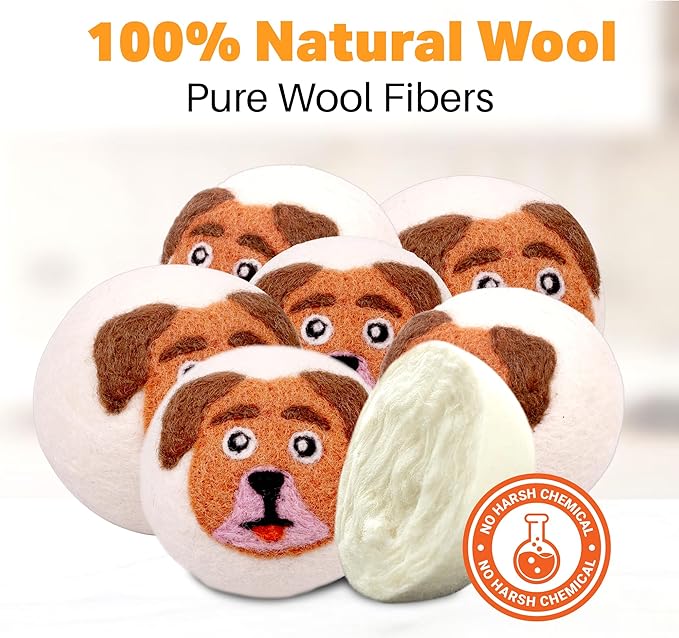 Wool Dryer Balls 6-Pack 100% Natural New Zealand Wool, Handmade in Nepal Reusable Laundry Balls, Faster Drying, Softer Clothes, Anti-Static, Dryer Sheets Alternative (Orange Dog)