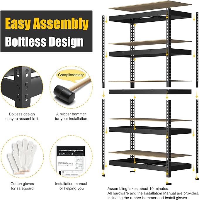 PrimeZone 48" x 24" x 72" Heavy Duty Storage Shelves, 5 Tier Adjustable Garage Storage Shelving, Metal Storage Utility Rack Shelf Unit for Warehouse Pantry Closet Kitchen, Black, 10 Pack