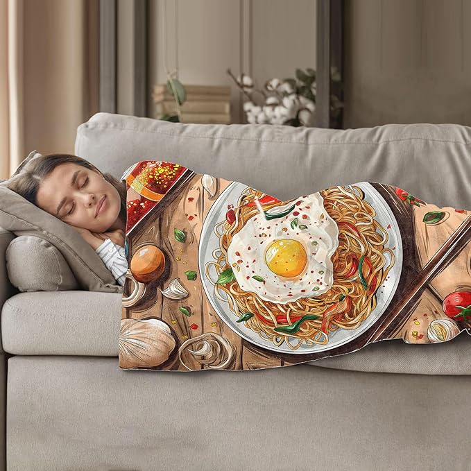 Spaghetti and Eggs Throw Blanket 40"x50", Food-Themed Blankets for Kitchen Dining Decor, Soft Flannel Polyester Warm Cozy Gifts for Food Lovers
