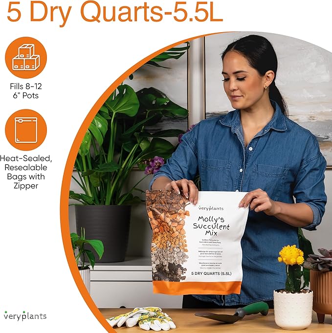 Molly's Succulent Mix - Premium Gritty Soilless Potting Mix for Succulents, Cactus and Bonsai - Contains Akadama, Hyuga, Bark Fines, Pumice, Lava Rock, Mycorrhizae 5 Dry Quarts