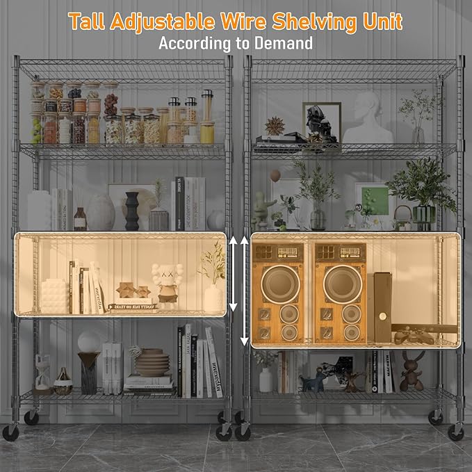 Himimi 5-Tier Heavy Duty Steel Wire Rack Storage Shelving, Adjustable Metal Storage Shelves with Wheels, 82''H Wire Shelf for Kitchen Garage Basement Pantry Organization, 18" D×36" W×82" H-Silver