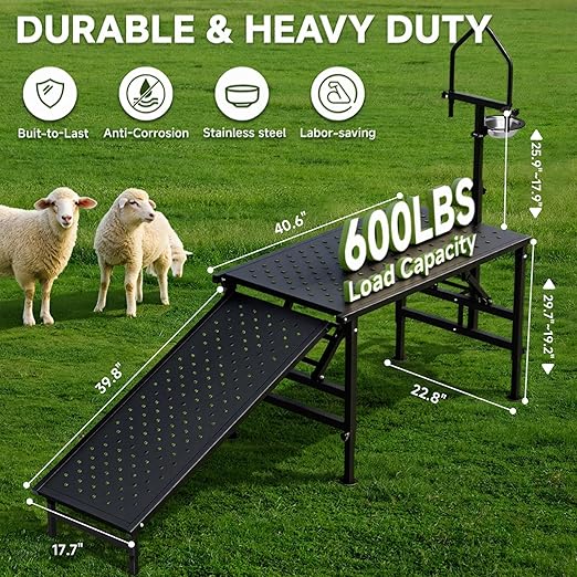 Goat Milking Stand with a Ramp, Metal Goat Stand with Feed Bin, 600LBS Livestock Trimming Stand with Height Adjustable, Sturdy Sheep Stand for Goats and Lambs, Black.