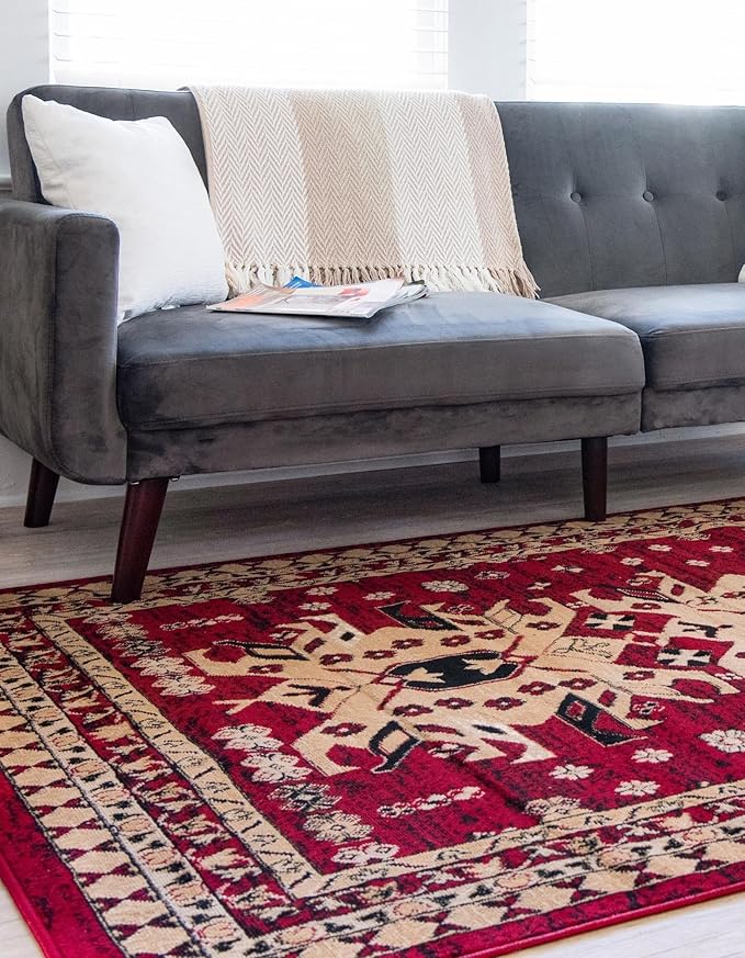 Unique Loom Taftan Collection Border Geometric Tribal Inspired Design Area Rug (9' 10 x 13' 0 Rectangular, Red/ Gold)