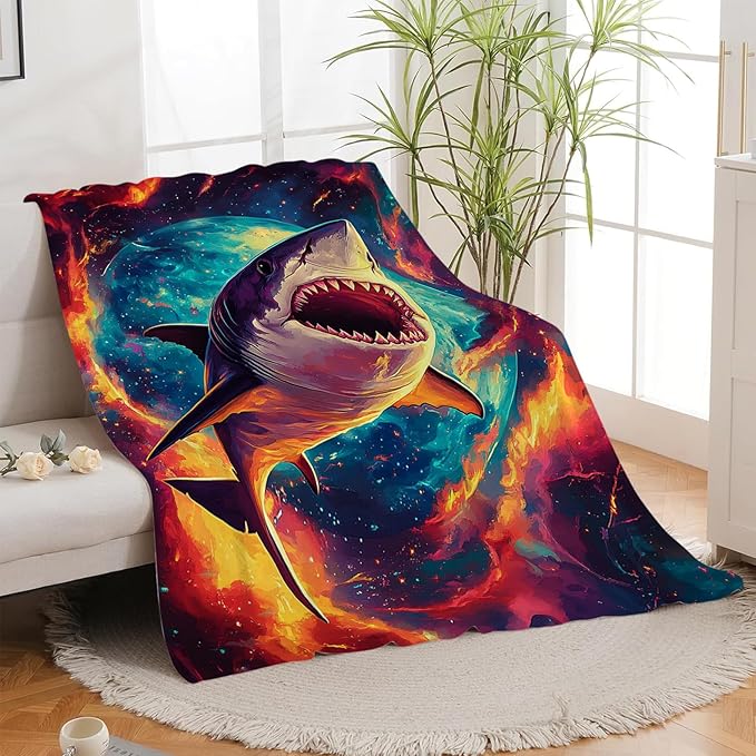 Shark Blanket, Space Shark Throw Blanket Gifts Blankets Stuff Fleece Flannel Plush for Girls Women Men Boys Lovers Adults Soft Bedding Gift for Sofa Bed Office Home Decor 60"x50"