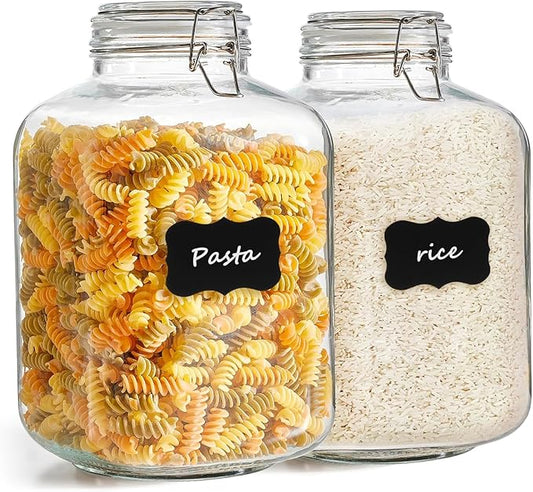 ComSaf Rice Container 5L, Flour Sugar Storage Containers, Glass Jars with Airtight Lid, 1.3 Gallon Mason Jar, Large Storage Containers with Lids for Pickled Egg, Pasta, Cereal, Beans, Set of 2