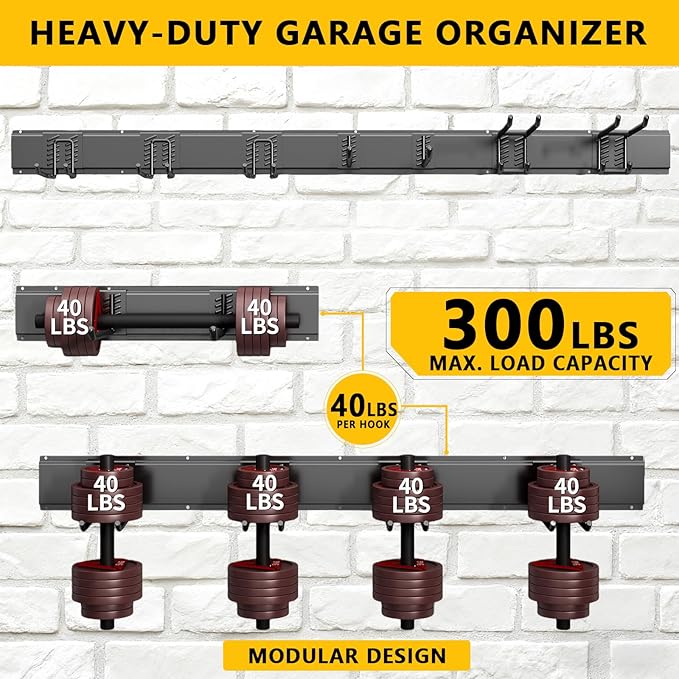 Garage Tool Organizer Wall Mount, 48inch Heavy-Duty Garage Storage System and Garden Tool Organizer with 7 Adjustable Hooks for Shovel, Snowboard, Yard Tools and Shed
