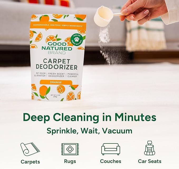 Good Natured Brand | Carpet Deodorizer & Freshener Powder | 31 oz Pet Odor Eliminator for Strong Odor & Pet Urine | Fresh Natural Sweet Orange Scent | Safe for Homes with Pets