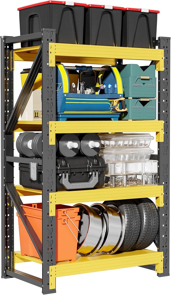 4-Tier Storage Shelves,79" H Heavy-Duty Garage Shelving Unit,Adjustable Industrial Metal Shelf System,4,000lbs Capacity,Tool Organizer for Garage,Workshop,48" W*24" D*79" H,Black&Yellow