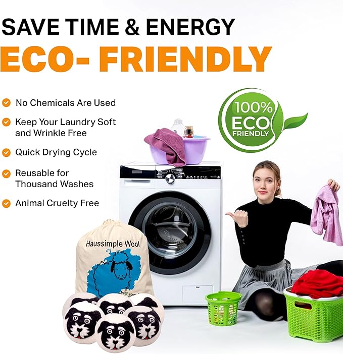 Wool Dryer Balls 6-Pack 100% Natural New Zealand Wool, Handmade in Nepal Reusable Laundry Balls, Faster Drying, Softer Clothes, Anti-Static, Dryer Sheets Alternative (Black White, Dog)