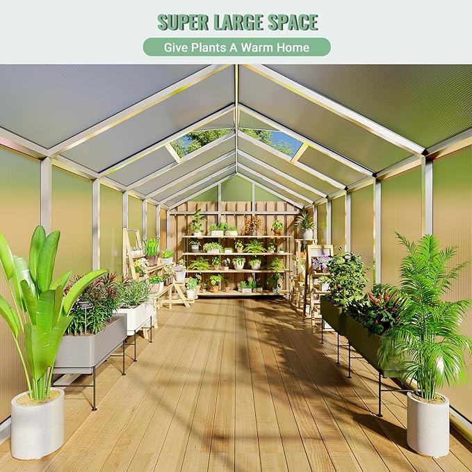 8x12 FT Greenhouse, Easy Assembly Aluminum Polycarbonate Greenhouses for Outdoors with Roof Vent, Large Aluminum Walk-in Greenhouse for Sunroom Patio, Backyard, Garden, Sliding Lockable Door, Silver