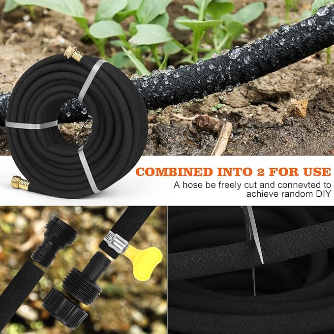 Soaker Hose 150 FT for Garden with 1/2" Diameter Irrigation Hose Save 70% of Water Solid Brass Interface Eminently Suitable for Lawn and Garden Bed Cover