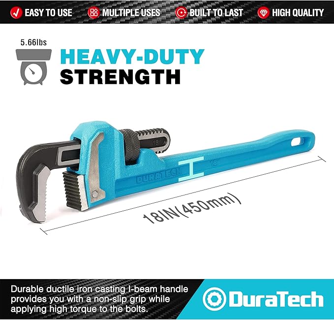DURATECH 18-Inch Heavy Duty Pipe Wrench, Adjustable Plumbing Wrench, Malleable Cast Iron Handle, Exceed GGG standard