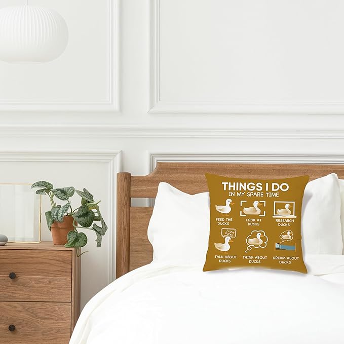 Funny Duck Throw Pillow Covers 18 x 18-Things I Do in My Spare Time Duck Decorative Pillow Covers,Funny Duck Gifts,Duck Gifts for Duck Lovers,Duck Themed Gifts for Women (Mustard Yellow)