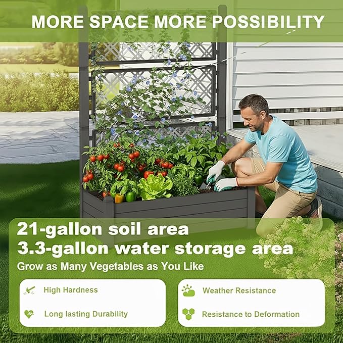 5.3' Tall Raised Garden Bed with Trellis, Outdoor Resin Plant Stand Planter Box with Drainage Plug for Veg/Fruits/Herb/Flower Best Choice for Backyard, Patio, Balcony (Coffee, 4 Pack)