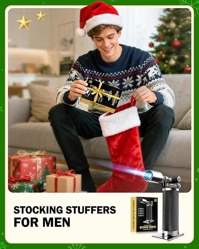RAVS Butane Torch Lighter, Christmas Stocking Stuffers Gifts for Men He Dad, Kitchen Torch with Adjustable Flame, Creme Brulee Torch for Baking, BBQ, DIY, Black, Butane Gas Not Included