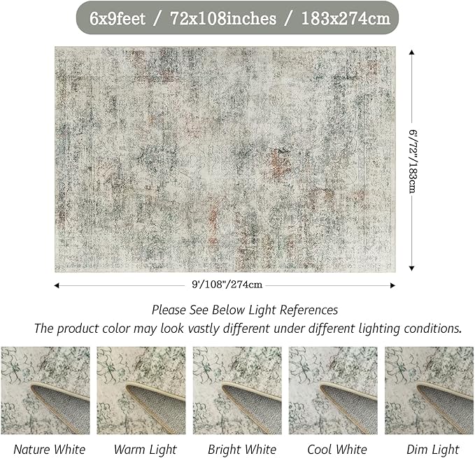 Madane Washable 6x9 Area Rugs for Living Room, Soft Floral Print Area Rug with Non Slip Backing, Vintage Stain Resistant Rugs with Low Pile for Bedroom Dining Room (6 x 9, Mutil)