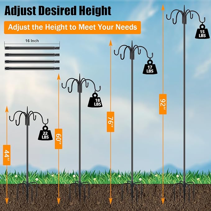 FEED GARDEN 92 Inch Adjustable Shepherd Four Hooks with Squirrel Baffle Heavy Duty Garden Hooks 5-Prong Base Bird Feeder Pole for Hanging Plant Baskets Solar Lights Lanterns
