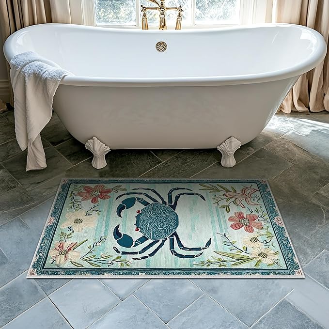 2x3 Crab Area Rugs Boho Teal Rug for Bathroom Kitchen Entryway Indoor Soft Non-Slip Thin Hippie Carpet Small Floral Doormat for Office Dining Room Home Decor Under Table Washable Machine
