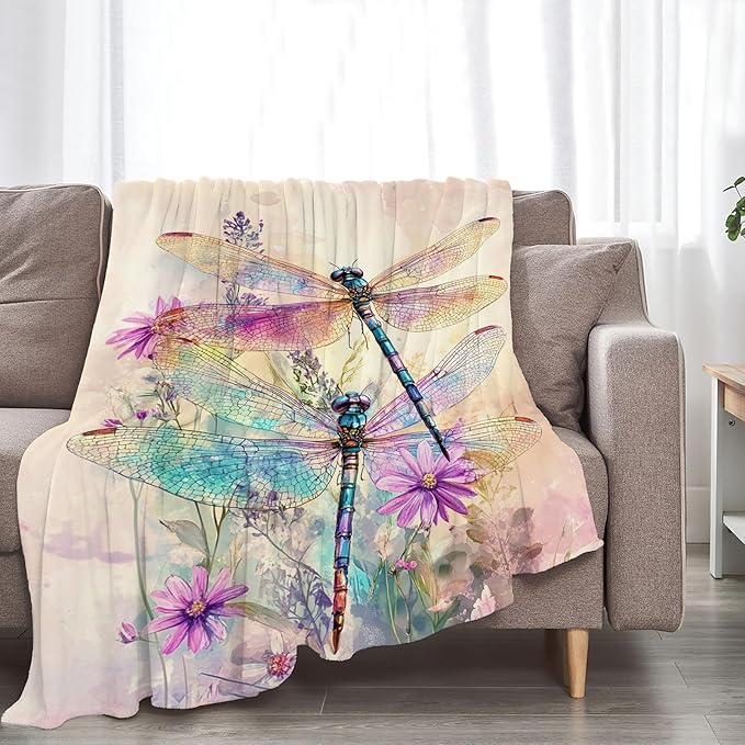 Dragonfly Blanket, Dragonfly Throw Blanket, Floral Animal Fuzzy Plush Blankets Ultra Soft Gift for Women Kids Teens Men Girls Boys Stuff Decor for Home Bedding Sofas Couch 50"X40"
