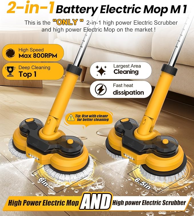 qimedo 6000mAh Battery Cordless Electric Mop M1 Pro, 800RPM Electric Power Scrubber & Mops for Floor Cleaning, Automatic Spin Mops with Smart Display,Rotating Mop with LED Light & Water Spray