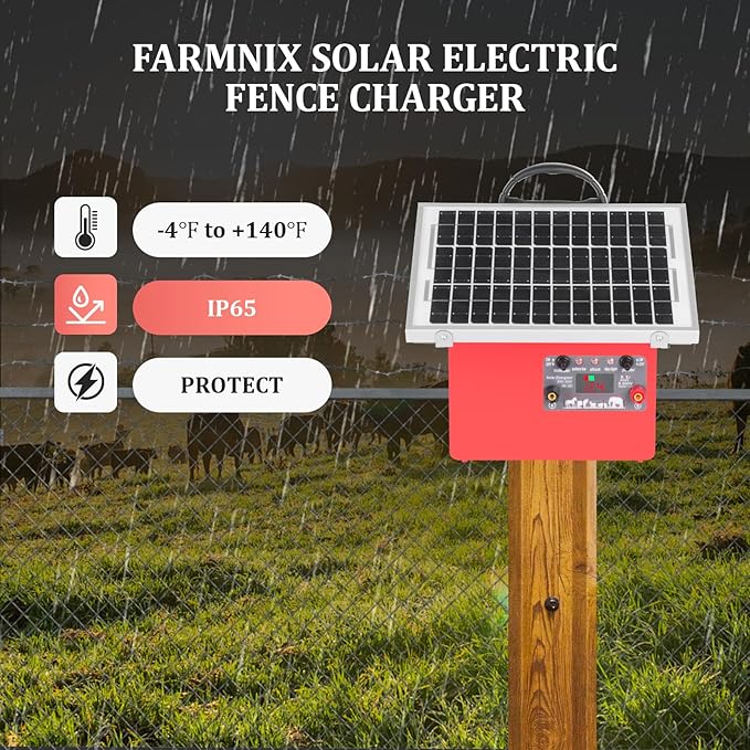 9.5KV Adjustable Output,0.5 Joules Energy Output7.5W Solar Panel, 24H/14D Uninterrupted Power Solar Electric Fence Charger for Livestock,20 Miles Protection Range