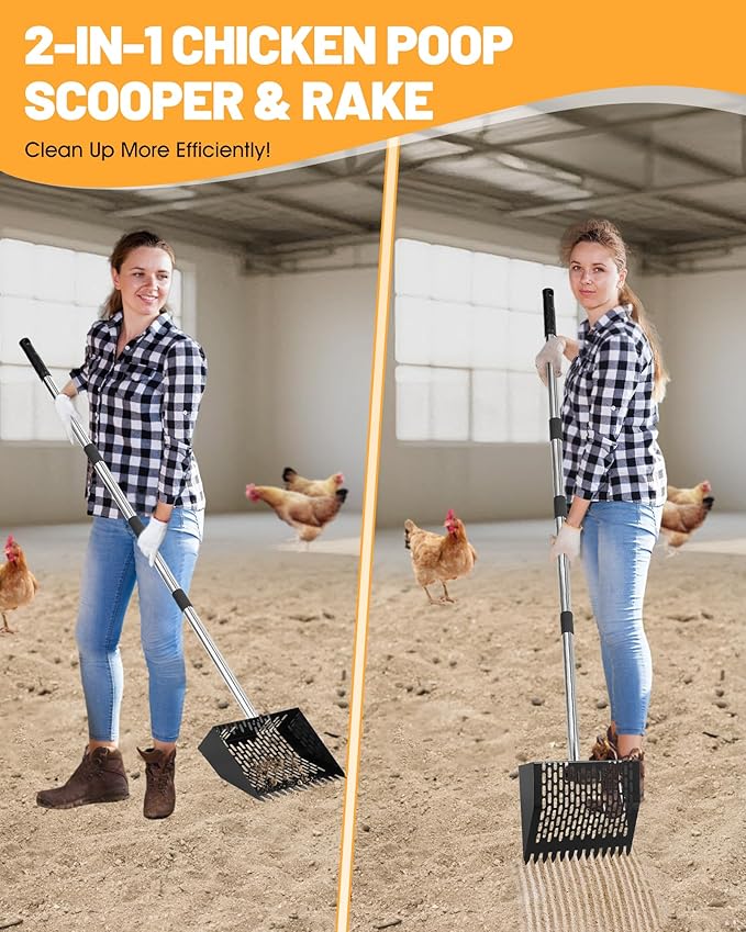 Chicken Poop Scooper and Rake – 2-in-1 Metal Litter Sifter for Chicken Coops, Sand, and Runs with 22–62" Adjustable Handle, Heavy-Duty Cleaning Tool for Chicken and Duck