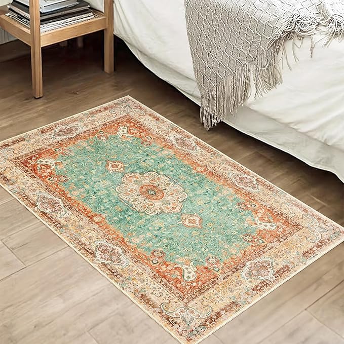 Small Rugs 2x3,Boho Rug for Entryway Bathroom Bedroom Kitchen Entrance Doormat,Vintage Bohemian Distressed Farmhouse Washable Accent Floor Throw Carpet Non Slip,Retro Orange Green Floral