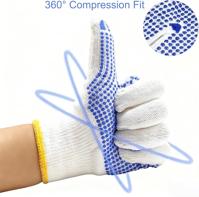 Qugzegx 12 Pairs Cotton Polyester Knitted Gloves, Safety Work Gloves For Painter Mechanic Warehouse Construction Men and Women, Anti-slip Dots, Medium Size