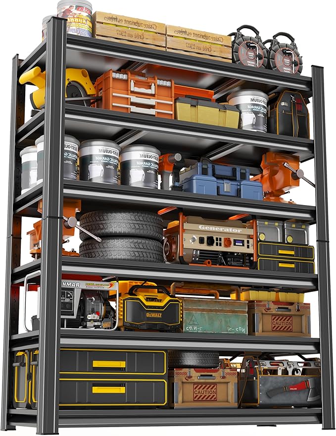 82'' Storage Shelves, Garage Metal Shelving Unit, Adjustable, Double-Layer Column with Reinforced Ribs, Heavy-Duty, Capable of Bearing 3600 lbs, Suitable for Garage, Warehouse, Kitchen Storage