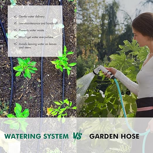 Soaker Hose System 1/2 Inch x 50ft Soaker Hose Kit with 25ft PVC Garden Hose Drip Irrigation Watering Tubing System with Reinforced Fittings Water for Outdoor Garden Yard Lawn Raised Flower Bed Plant