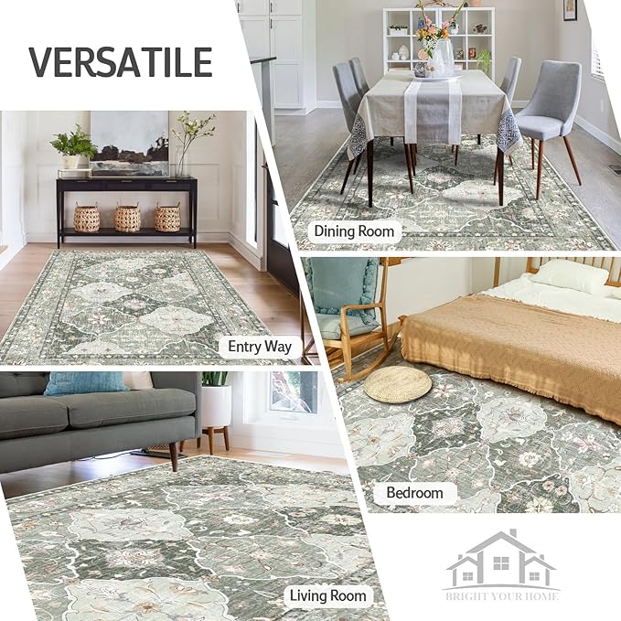 Boho Vintage Area Rugs 8×10 Washable Non-Slip Traditional Green Area Rug for Living Room Bedroom Dining Room Farmhouse