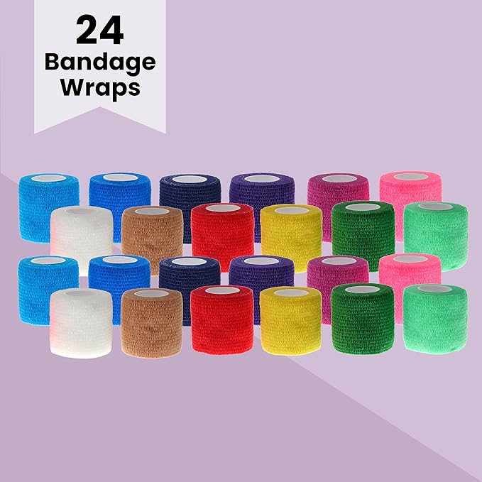 Juvale Self-Adherent Bandage Wrap - Grip Tape for Tattoo & Sport Tape - Vet Wrap & Wrist Support - 2 in x 5 yd, 24 Rolls, Multicolor