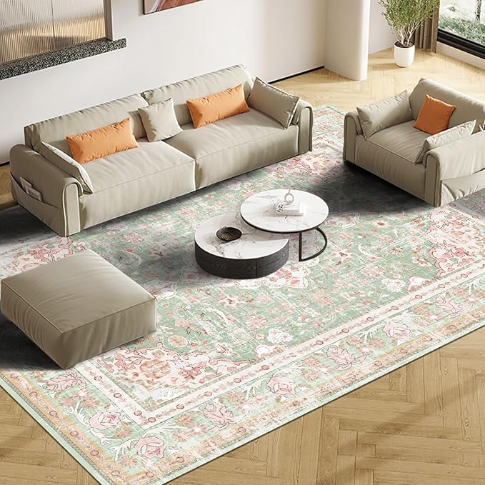 Vhong Washable Area Rugs Boho Vintage Modern Neutral Large Carpet Green and Pink High Traffic Rugs 5×7 for Dinning Room Living Room Bedroom Farmhouse Non Slip