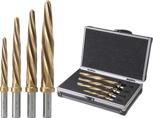 4pcs Bridge/Construction Reamer Set, 3/8", 1/2", 5/8", 3/4”, M2 HSS Taper Chucking Reamer Drill Bit for Steel Alloy Aluminum Metal Wood Plastic, 3/8" or 1/2" Shank, to Enlarge/Align Holes