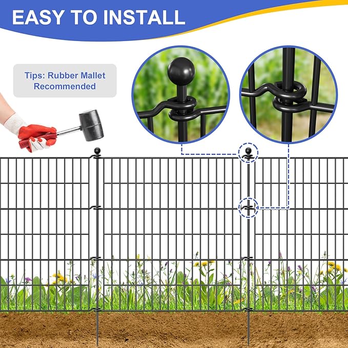 10 Panels No Dig Garden Fence Outdoor for Yard, 32 in(H) X 23.6 ft(L) Animal Barrier Pet Fencing Rustproof Decorative Metal Wire Panel Border for Dog, Rabbits, and Patio Temporary Ground Stakes