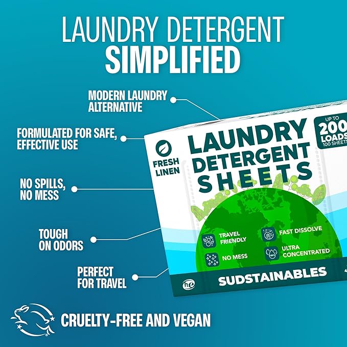 Sudstainables Laundry Detergent Sheets 200 Loads – Dissolvable Laundry Sheet for Washing Machines, Compact Alternative to Liquid & Powder Detergent, Travel-Friendly Soap | Fresh Linen