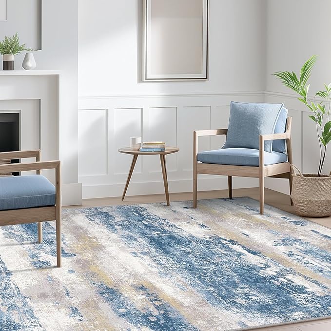 GENIMO Washable Area Rugs for Living Room, 8x10 Modern Non Slip Rugs, Low Pile Lightweight Soft Print Rug for Bedroom, Dining Room, Home Office, Blue Cream