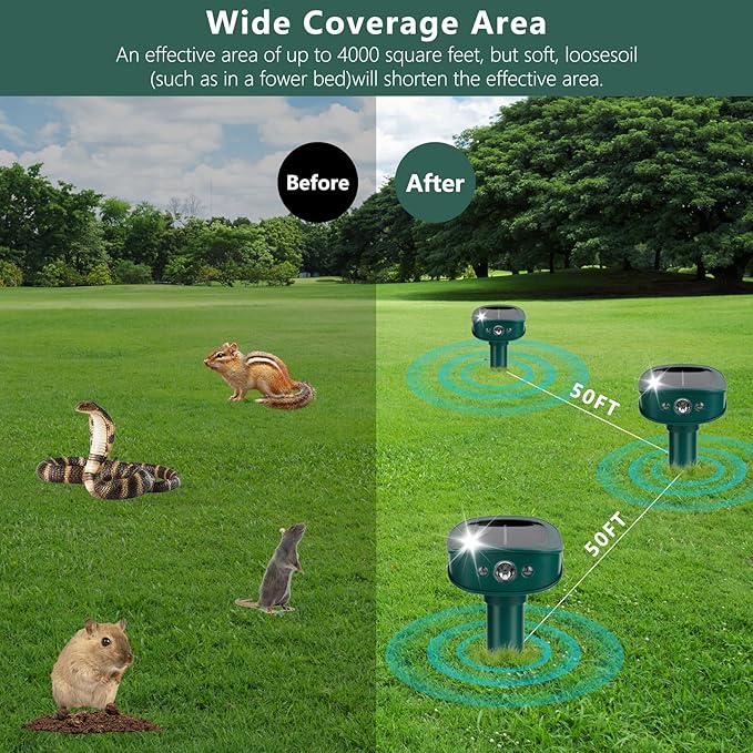 4 Pack 2025 Upgraded Solar Ultrasonic Animal Repellent Outdoor – Motion Activated Deer, Squirrel, Cat, Raccoon, Dog & Bird Deterrent with Multi-Frequency LED Strobe & Ultrasonic Sweep for Yard Lawn