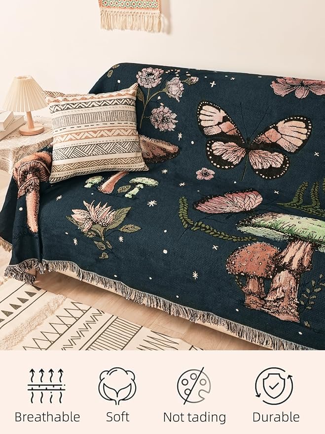 Boho Throw Blanket for Bed Couch Sofa Reversible Cotton Bohemian Travel Boho Quilt Mexican Muslin Blanket Tapestry Hippie Room Decor Outdoor Blanket Double Sided (Boho Bee Yelow 70"x90")