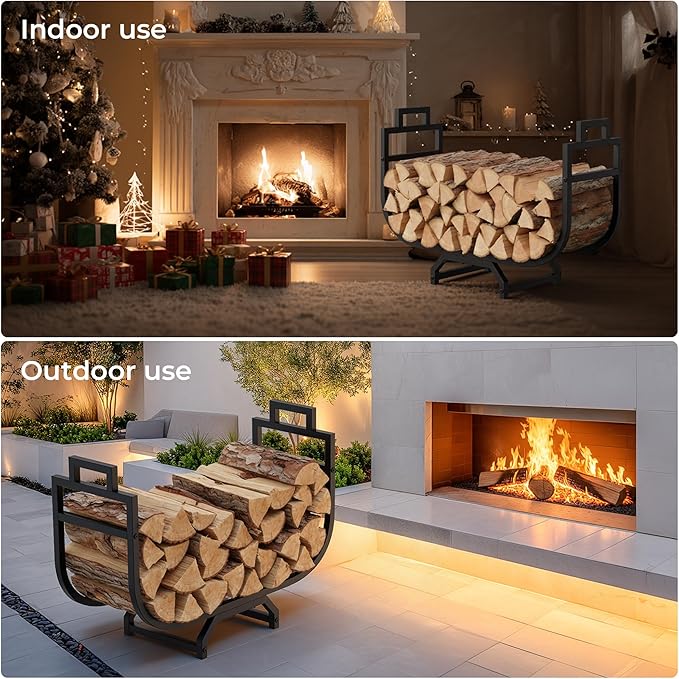 30 Inch Firewood Rack with Log Carrier Bag, Outdoor Indoor Fire Wood Rack Holder with handles, Metal Heavy Duty Log Holder Storage for Fireplace Patio Deck