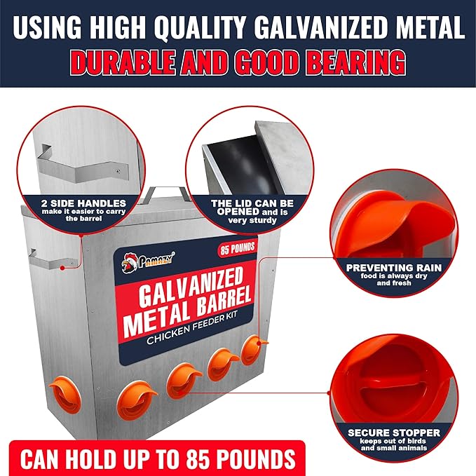 Large Capacity 85lbs Automatic Metal Poultry Feeder Set, Chicken Galvanized Trough, Chicken Feeder No Waste, Rainproof Poultry Feeders, Preventing Small Animals, Suitable for Chickens, Ducks, Turkeys