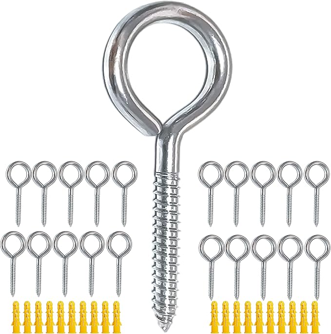 Pack of 20 Metal Hook Heavy-Duty Eye Screws, 304 Stainless Steel Screw Hooks, self-Tapping Eye Ring Bolt Hooks, Wood Terminal Eye Hole Hooks, Pendant Lights Wires, Strong Indoor