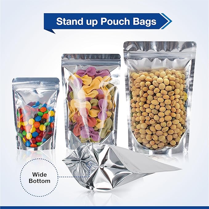 BELLE KR® 6x9 Quart Mylar Bags for Food Storage - 7.5mil Thick - Pack Of 200 - Stand Up Clear Front Mylar Bags with See Through Window - Resealable