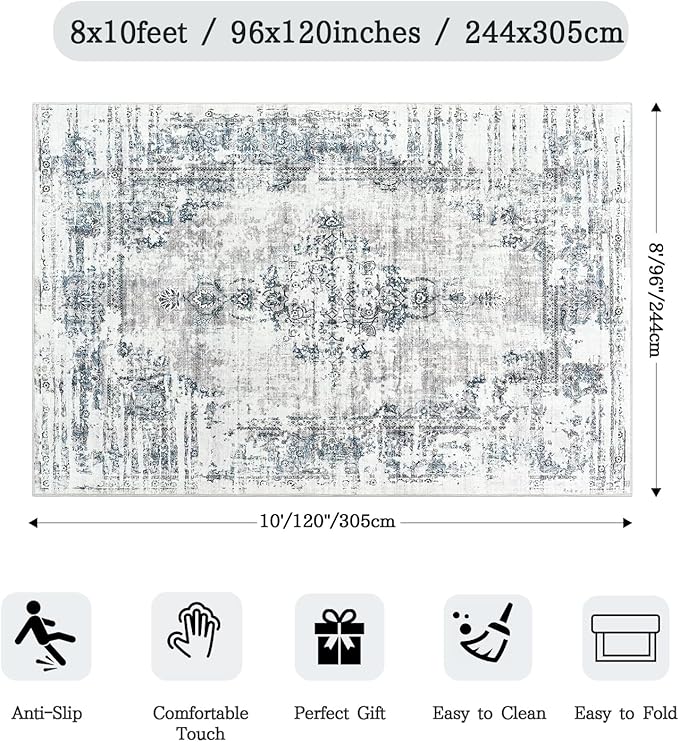 Madane 8x10 Area Rugs for Living Room, Machine Washable Vintage Rug with Non-Slip Backing, Soft Throw Large Rug, Thin Carpet for Bedroom Dining Room Farmhouse Under Table, Blue/Grey