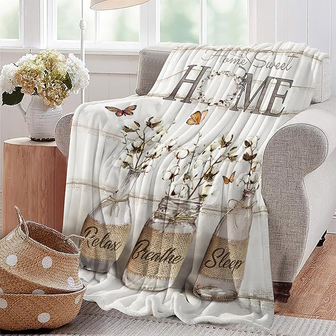 Farmhouse Floral Blanket for Women Girls Ultra Soft Cozy Cotton Flower Throw Blanket Fleece Fuzzy Plush Bedding Blanket Flower Gifts for Women Girls Kids Adults Couch Sofa 80"x60"