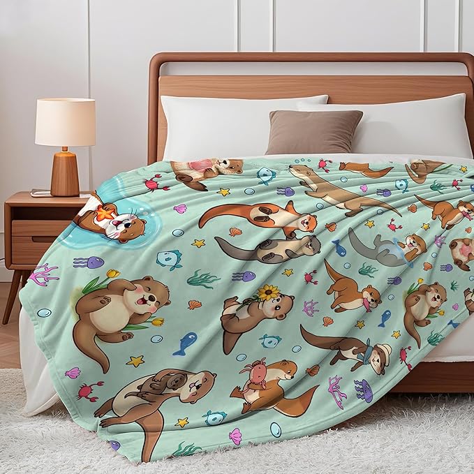 Otter Blanket Ultra Soft Flannel Sea Otters Throw Blanket Otters Birthday Bedding Decor Gifts for Kids Girls Boys Adults 60" x 50"