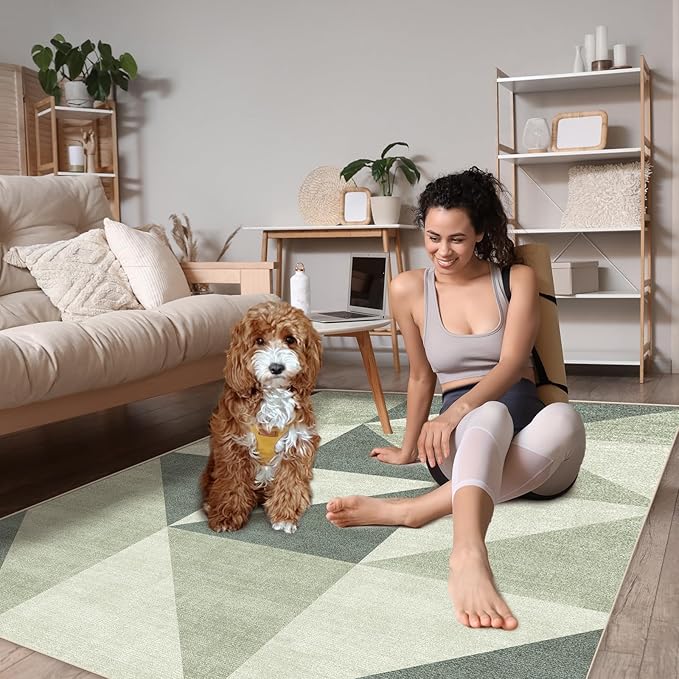 Washable Green Neutral Geometric Area Rugs 5x7 Modern Abstract Soft Large Carpet for Living Room Entryway Bedroom Farmhouse Non-Slip