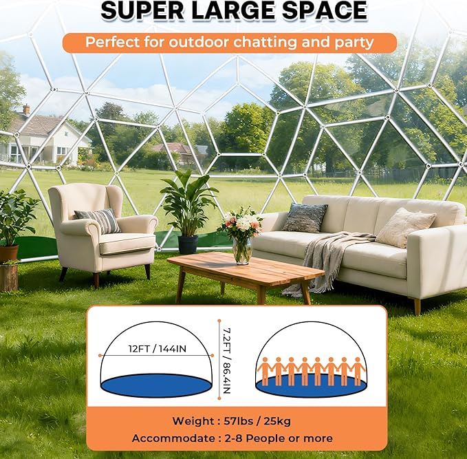 12 x 7.2 FT Garden Dome Tent, Outdoor TPU Greenhouse for 4-8 Person, Greenhouse Garden Tent with Window, Waterproof Clear Dome Tent Suitable for Camping, Party, Wedding, Christmas