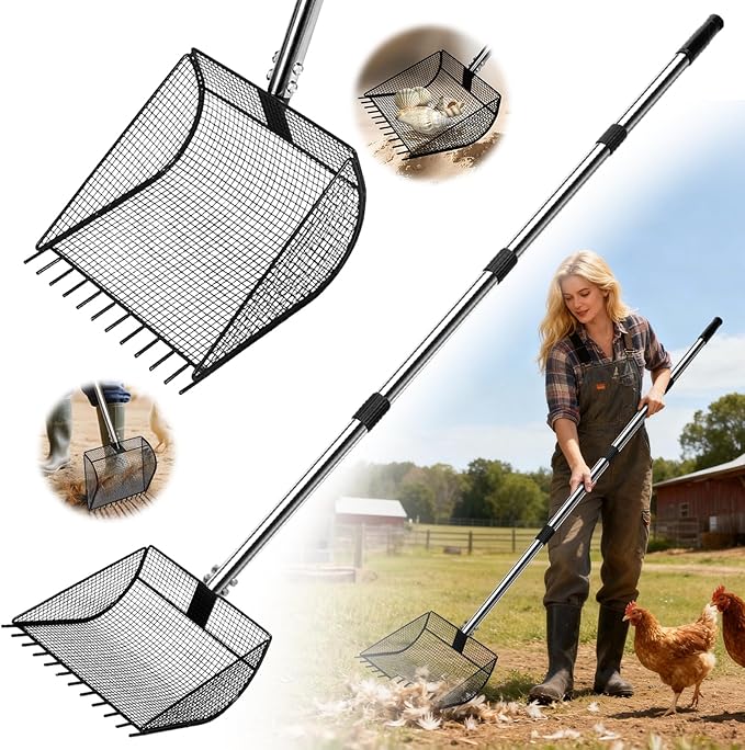 Chicken Poop Scooper for Sand, 2-in-1 Rake & Pooper Scooper with Large Sifting Shovel, Adjustable Stainless Steel Handle (36"-62"), Chicken Coop Litter Scoop & Cleaning Tool for Farm Animals