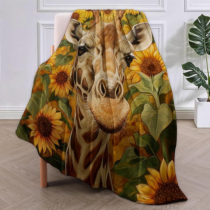 Giraffe Blanket, 50"x60" Sunflower Giraffe Fleece Throw for Kids & Adults, Ultra-Soft and Warm Home Decor Blanket, Giraffe Gifts